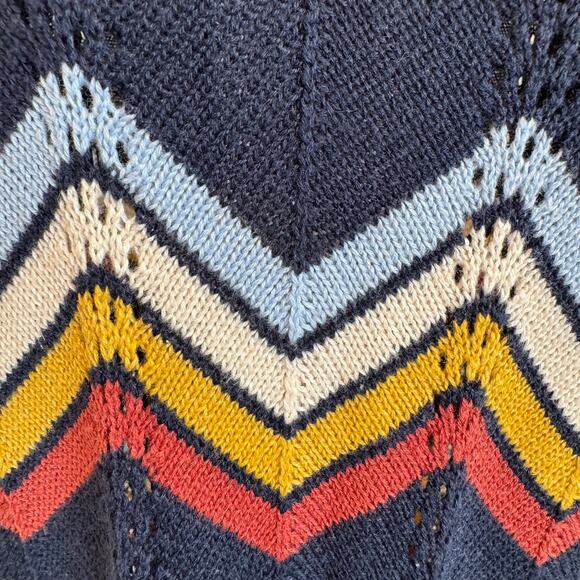 Crescent Navy Pointelle Knit Chevron Print Lightweight Short Sleeve Sweater Top - Picture 5 of 8